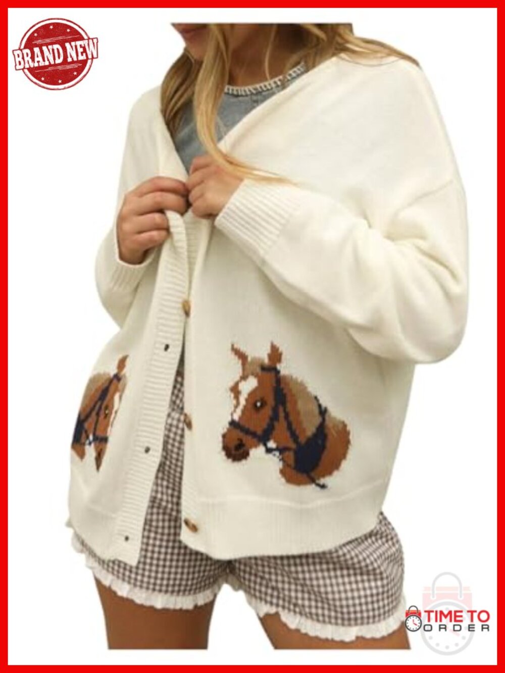Women's Cable Knit Cardigan Sweater with Horse Pattern, Long Sleeve, Button Up